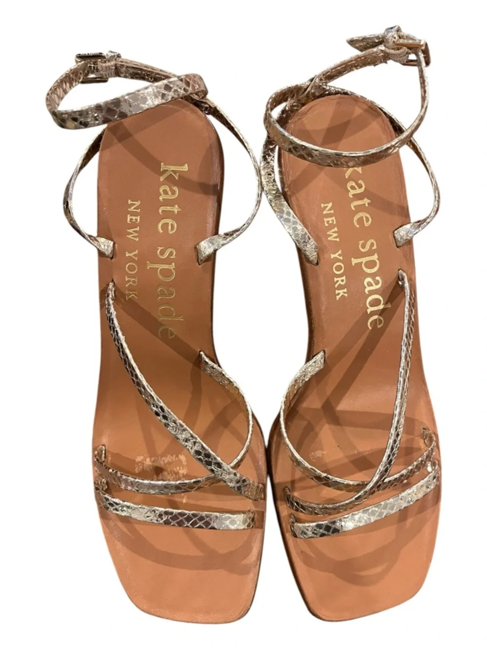 Kate Spade New York Charmer Metallic Gold Sandal with Sculpted Wood Heel 6.5